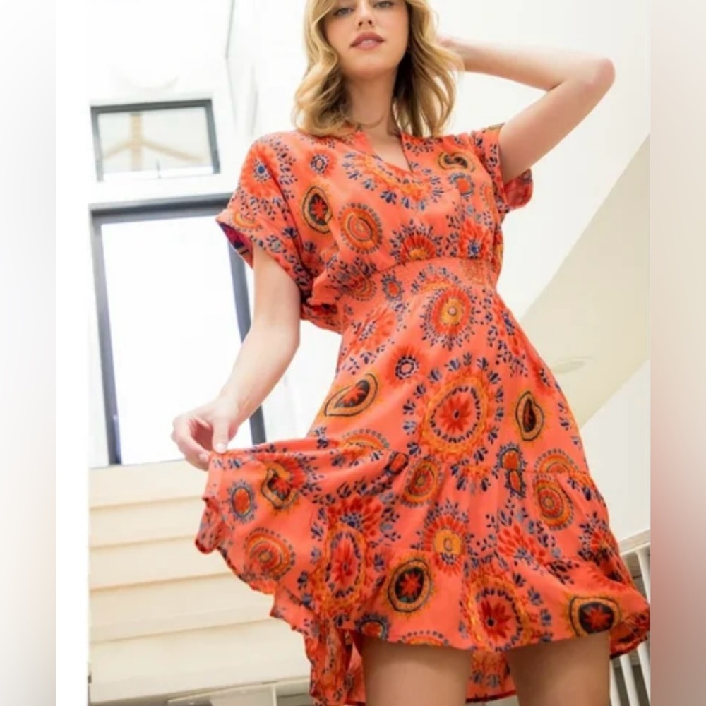Anthropologie THML Orange Flowered Smocked  Dress Size Medium